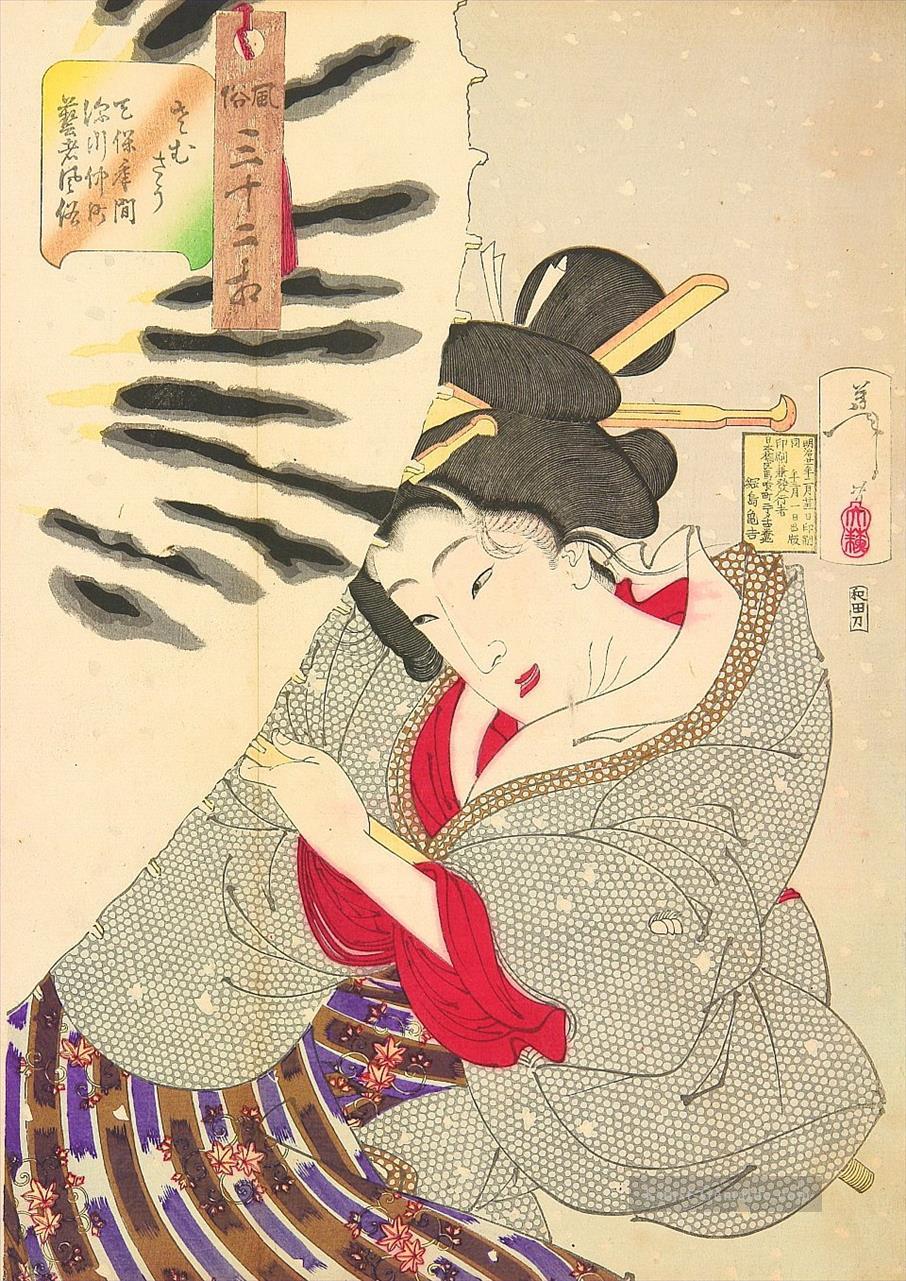 Der Auftritt eines fukagawa nakamichi geisha der Tempo Ära Tsukioka Yoshitoshi Japanisch Ölgemälde